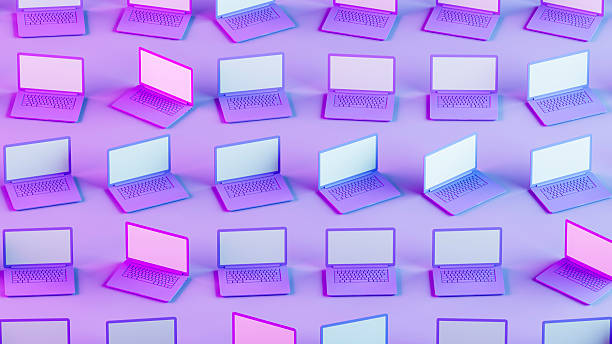 istock Laptops with Blank Screen, Minimal Technology Concept, Neon Lighting Lilac Background 2210689900