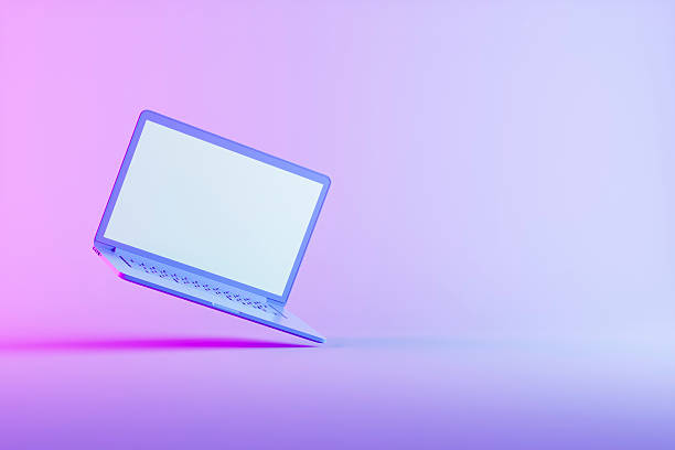 istock Laptop with Blank Screen, Minimal Technology Concept, Neon Lighting Lilac Background 2210689918