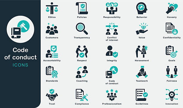 Code of Conduct solid icons collection.Containing Responsibility, Employee, Coaching, Workplace, Innovation, Ethics, Goals, Teamwork, Customers, Trust, Policies, Value, Compliance, Guidelines, Honesty Code of Conduct solid icons collection.Containing Responsibility, Employee, Coaching, Workplace, Innovation, Ethics, Goals, Teamwork, Customers, Trust, Policies, Value, Compliance, Guidelines, Standards, Integrity, Accountability, Respect, Professionalism, Behavior, Transparency, Honesty, Fairness, Confidentiality, Conflict of interest, Harassment, Diversity, Inclusion, Anti-discrimination, Whistleblowing, Enforcement, Disciplinary action academic integrity stock illustrations