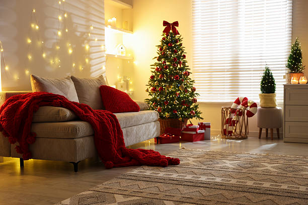 istock Beautiful Christmas tree and other decor in room. Festive interior design 2210694170