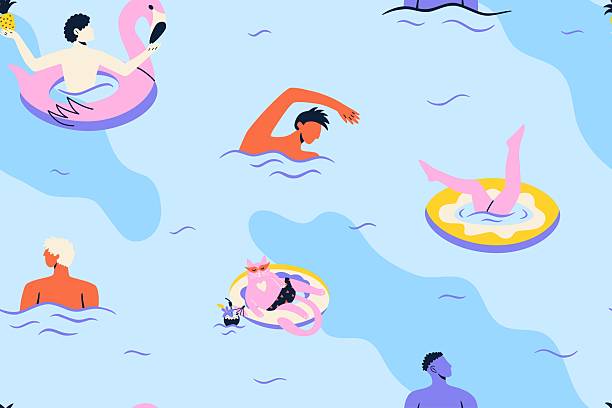 Summer pattern with men and cat in swimming pool. Quirky groovy illustration. Vector hand drawn background.