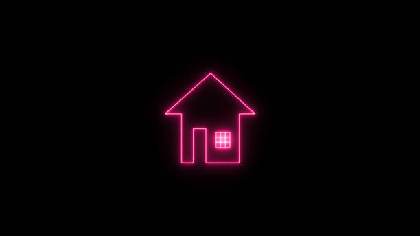 istock Home location marker symbol. Dynamic abstract neon light blue house icon on black background. Glowing neon home button. 2210706537