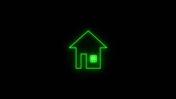 istock Glowing neon home button. Home location marker symbol. Dynamic abstract neon light blue house icon on black background. 2210706539