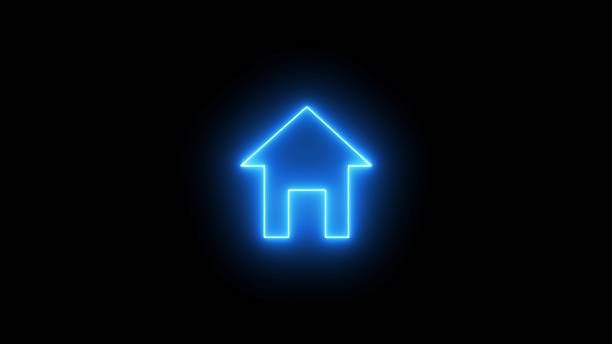 Glowing neon home button. Home location marker symbol. Dynamic abstract neon light blue house icon on black background.