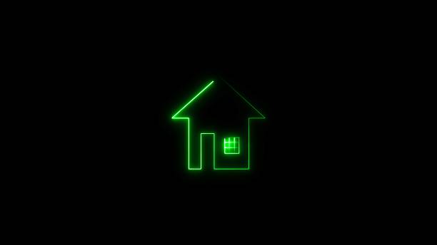 istock Home location marker symbol. Dynamic abstract neon light blue house icon on black background. 2210706578