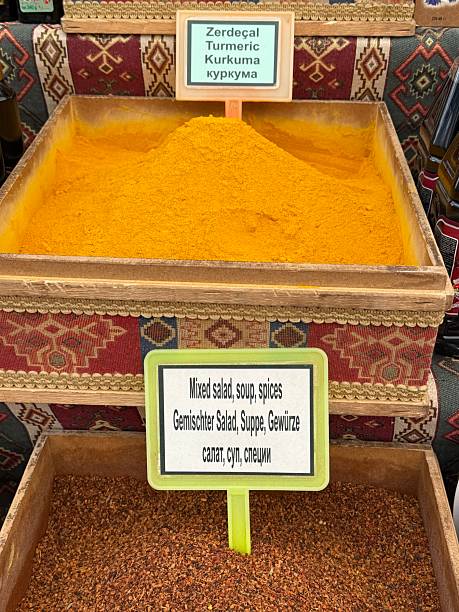 Boxes of Turkish spices  on a market stall
