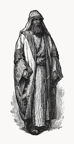 Arab Bedouin man in traditional clothing. Wood engraving, published in 1894.