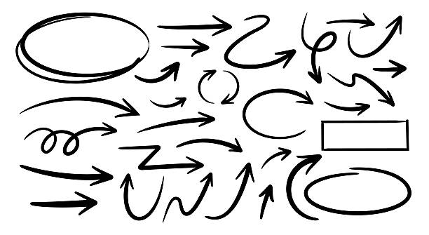 set vector illustration of hand drawn and curved arrows - strzała stock illustrations