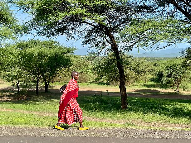 Tanzania - Arusha district - Joung Masai At the side of the road, a Jung Maasai woman  in traditional clothes walks along the side of the roadDecember 31, 2024