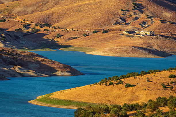 top view of Lake monte cotugno during a summer sunset, Senise, Potenza, Basilicata