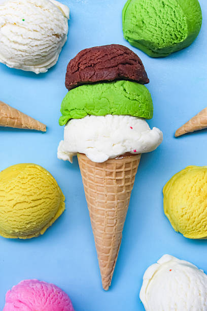 istock Stack of colorful ice cream scoops on blue background 2210726403