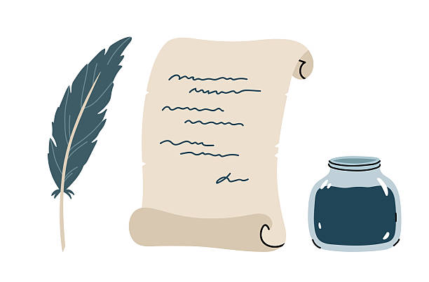 istock Scroll paper and inkstand with a quill pen isolated on a white background. Vector hand-drawn illustration in flat style. Perfect for decorations, logo, various designs. 2210727823