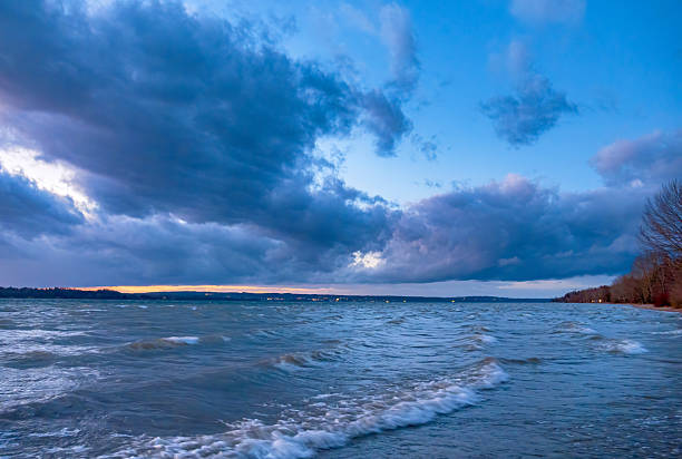 Evening light with dramatic clouds, Lake Starnberg, Upper Bavaria, Bavaria, Germany, Europe