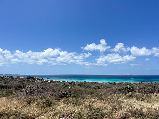 Vibrant seascape with a lone sailboat on the horizon. Stunning coastal view under a clear blue sky. Ideal for travel and nature enthusiasts seeking tranquility.