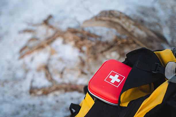 istock Nestled securely in the top compartment of a durable, sturdy yellow and black backpack, a compact first aid kit is at the ready, prepared for any unforeseen outdoor adventure that may arise 2210737443