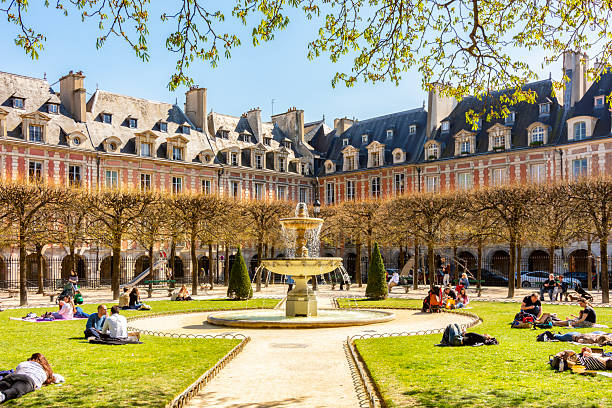 Paris, France - 02 April 2025: Vosges square (Place des Vosges) in Paris
