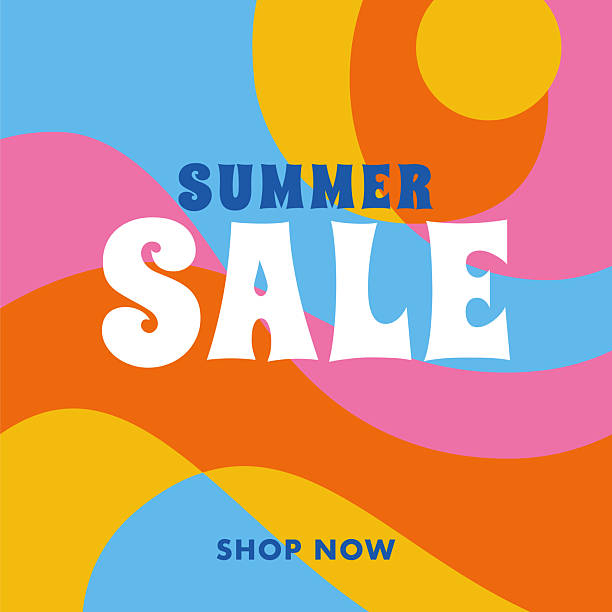 Summer Sale Abstract square background with overlay waves shapes. 
Flat Multicolored fluid graphics, summer layout, minimal packaging design, trendy curve cover art with vintage texture. Stock illustration