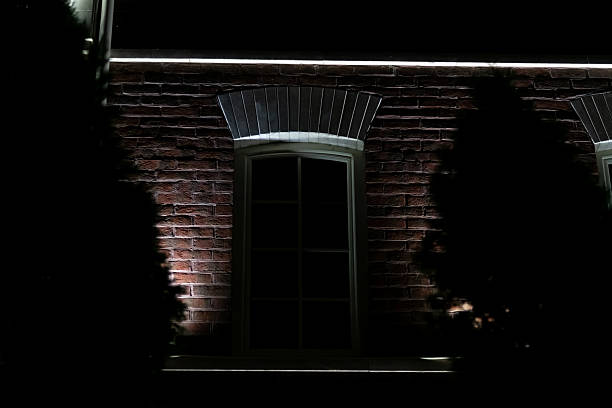 istock Building illuminated at night under a dark sky with shadowy outlines 2210757035