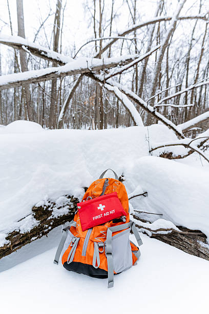 istock A backpack that contains a wellstocked first aid kit is currently sitting quietly in the thick blanket of fresh, white snow, waiting for someone to come across it in the winter wilderness 2210761440