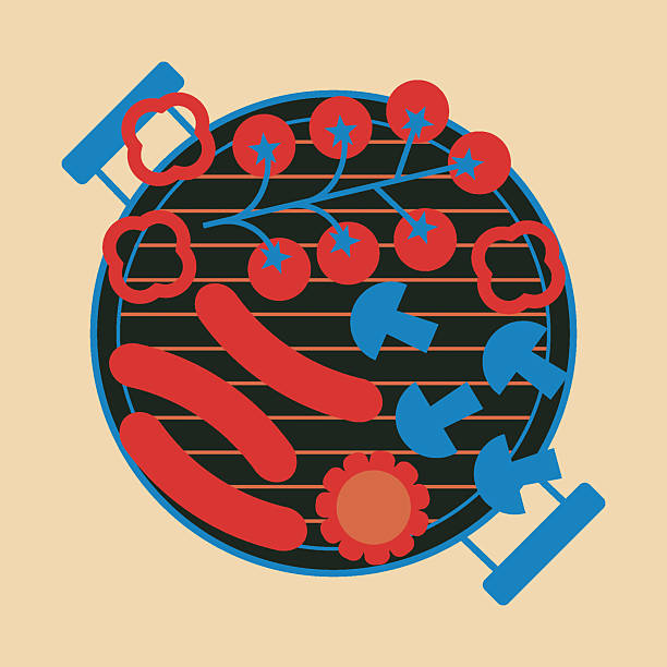 Grill barbecue illustration. Barbecue grill top view with sausages, mushrooms and tomatoes. BBQ picnic party concept. Simple, geometric, modern style. BBQ background for cover, poster, animation.