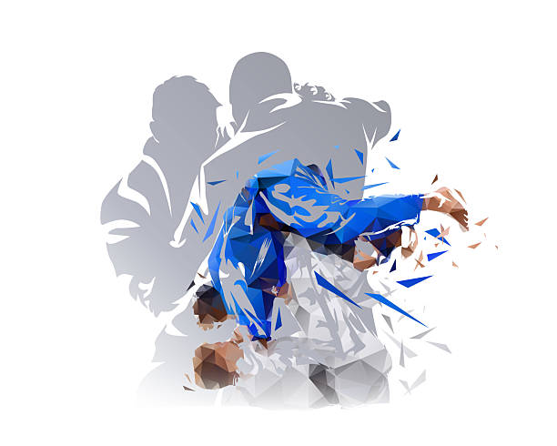 istock Judo sport, group of fighters in kimono, isolated low polygonal vector illustration, martial arts collage, double exposure 2210763687