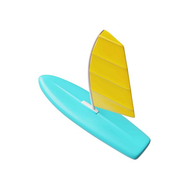 istock Surfboard with sail 3D cartoon vector icon, realistic windsurfing blue board for active sport on water, sports equipment 2210764341