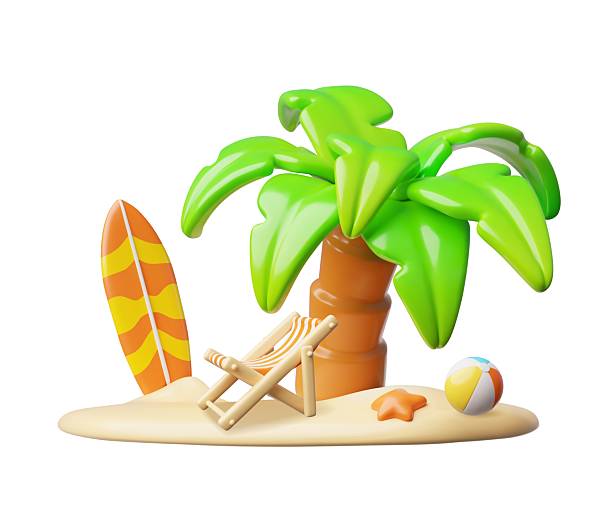 istock 3D vector illustration of tropical island with surfboards, palm tree, sun lounger and ball. 2210764349