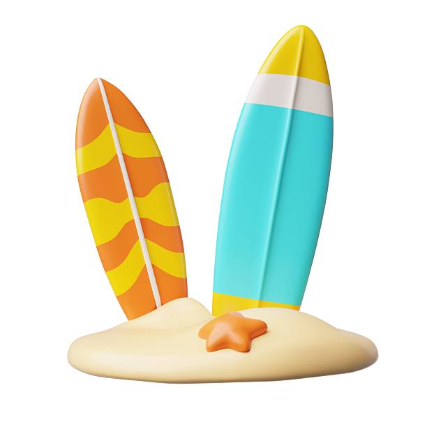 istock 3D illustration of two surfboards stuck in the sand on the beach, next to a starfish. 2210764354