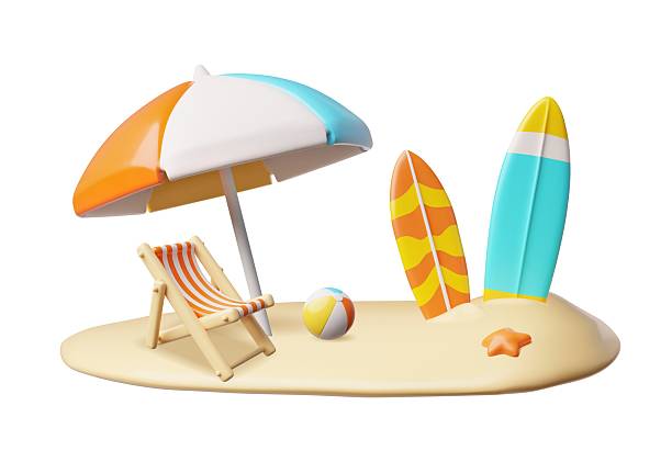istock 3D beach with surfboards, umbrellas, lounge chair and ball. 2210764356