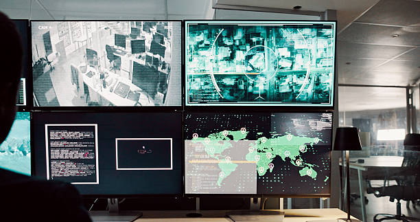 istock Person, computer and screen with satellite security of global surveillance, coding and monitor worldwide. Agent, map and location of war investigation, programming and script update of law protection 2210768009