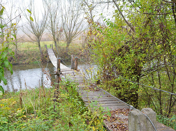 A wooden bridge across a small river