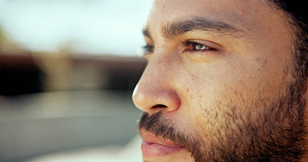 istock Thinking, closeup and vision with man in city for reflection, future and business commute. Memory, brainstorming and decision with male person and urban outdoor for solution, planning and wonder 2210771561