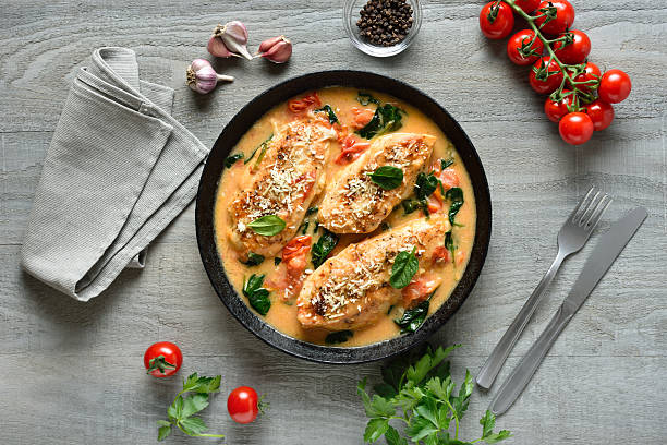 istock Chicken breast in creamy sauce with tomatoes and spinach on plate 2210774191