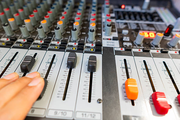 istock Music equalizer, sound knobs and volume controls that mix sound from a broadcasting and television programs 2210774851