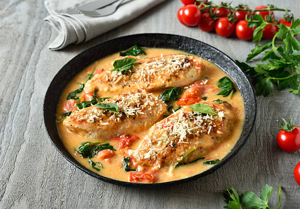 istock Chicken breast in creamy sauce with tomatoes and spinach 2210775540