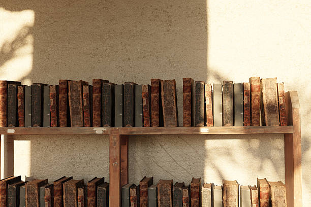 old bookshelf in front of clay walls illuminated by sunlight. 3D rendering