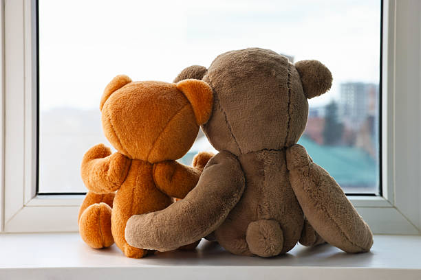 istock Two cute teddy bears near window indoors, back view 2210776513