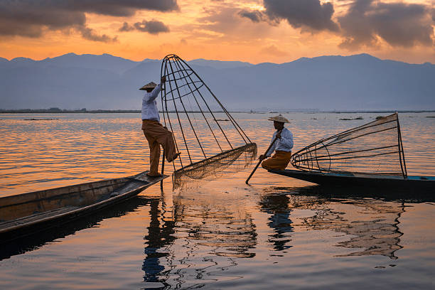 istock Burmese fishermen casting nets at sunset on inle lake 2210786133