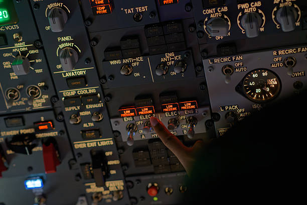Horizontal image of two pilots sitting in tight cockpit of regional passenger airliner. Boryspil, Ukraine - June 27 2020.