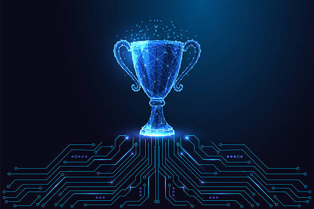 istock Digital achievement concept with glowing trophy cup and circuit board in low poly style on dark blue 2210791396