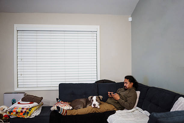 Profile view of a Filipino man in his 30s using his smart phone while snuggling with his affectionate and cute pet dog on the sofa at home.