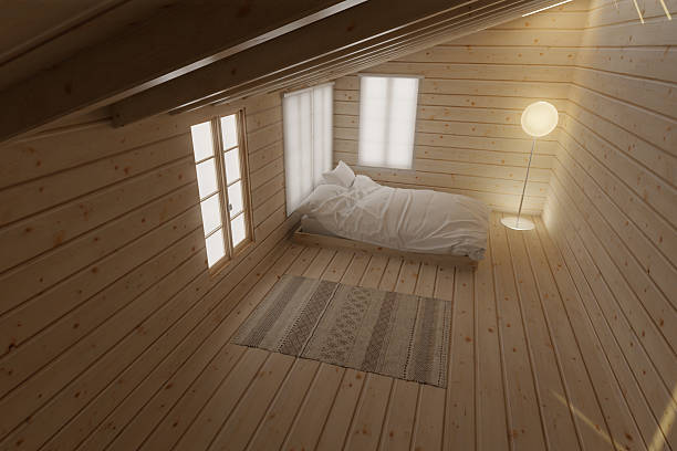 No people shot of part of cozy bedroom interior in modern wooden country house, copy space