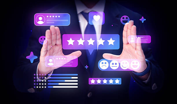 istock modern Purple and blue gradient five star ratings and reviews customer satisfaction hovering between hands, playful, feedback, user, glowing, pink positive comments 2210795391