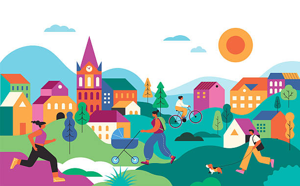 Colorful Urban Park Scene. People Exercising, Cycling, and Walking in a Vibrant Cityscape.