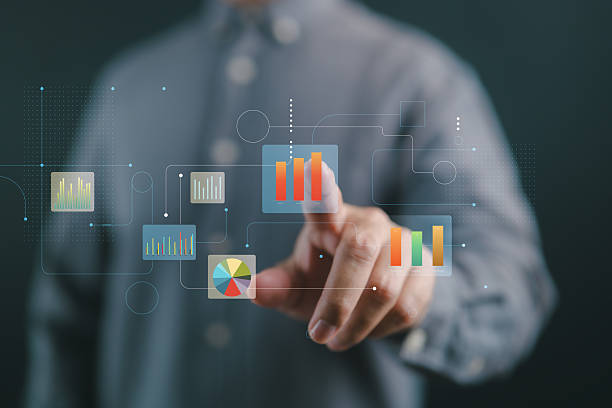 Touchscreen data visualization for real-time business insights and trends. stock photo