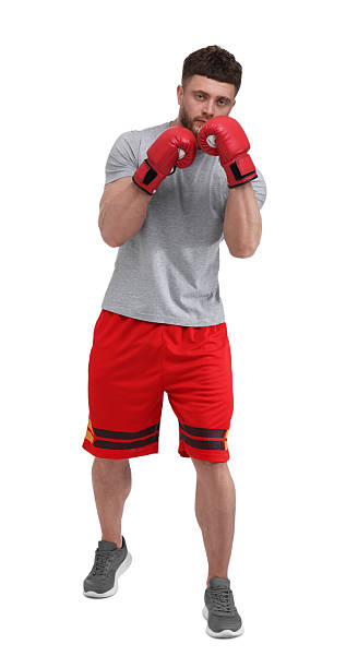 istock Man in boxing gloves fighting on white background 2210803357