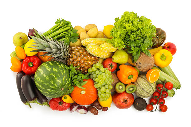 istock Different fresh fruits and vegetables isolated on white, top view 2210803954