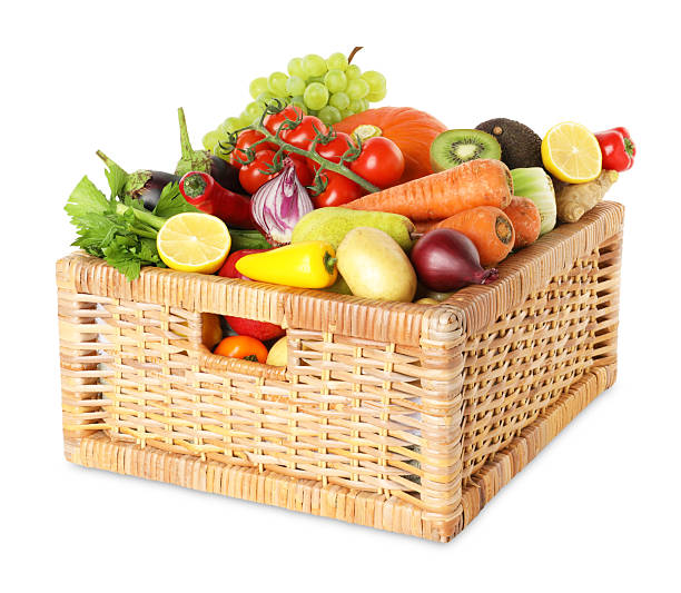 istock Different fresh fruits and vegetables in wicker basket isolated on white 2210803977