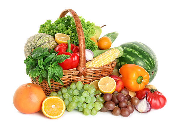 istock Different fresh fruits and vegetables in wicker basket isolated on white 2210803993
