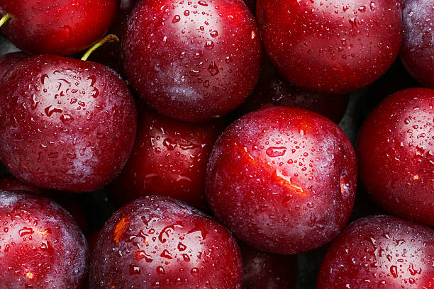 istock Many fresh plums with water drops as background, top view 2210804031